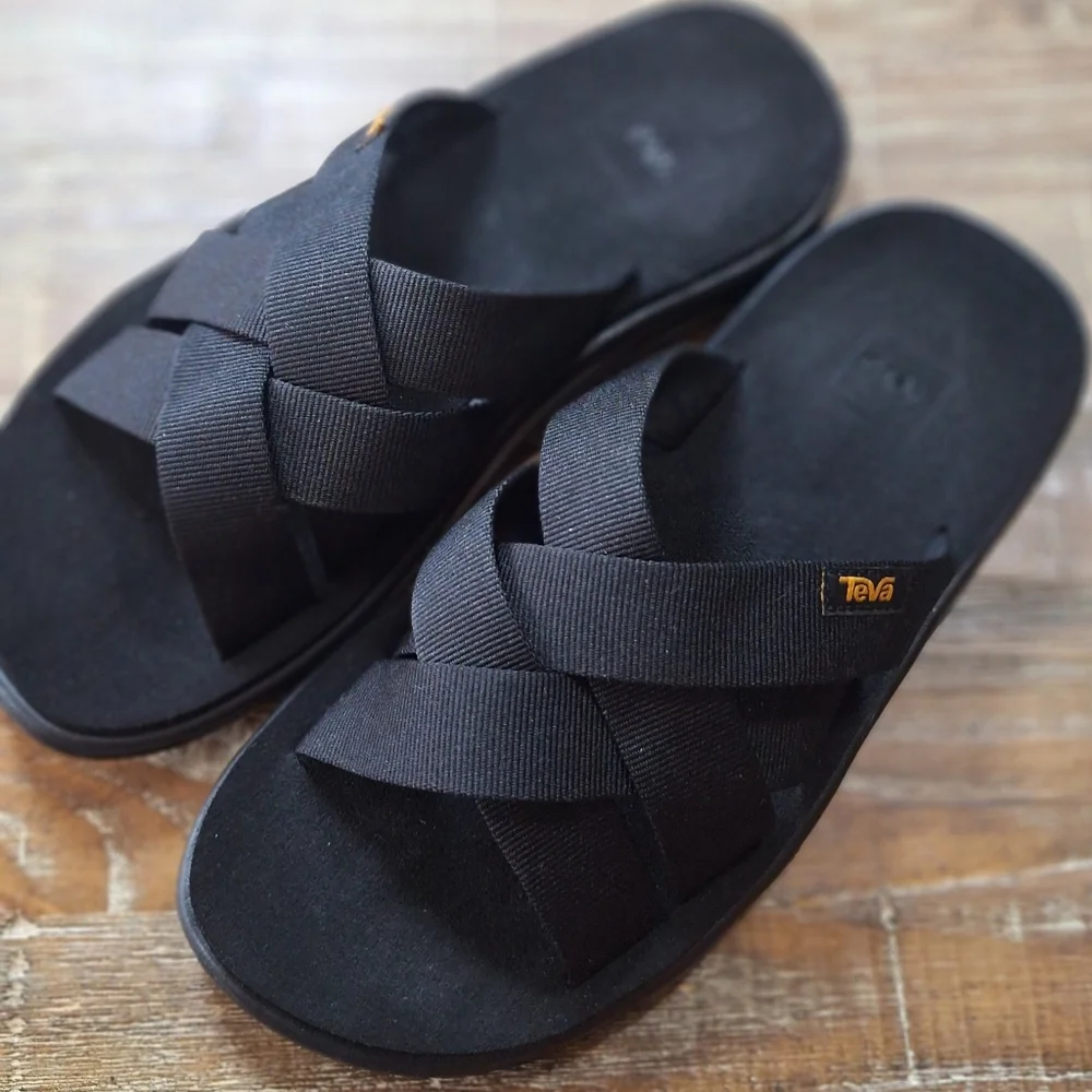 eva Voya Slide Black Strappy Comfort Shoe Mens‎ Flip Flops Size 7 w/Arch Support