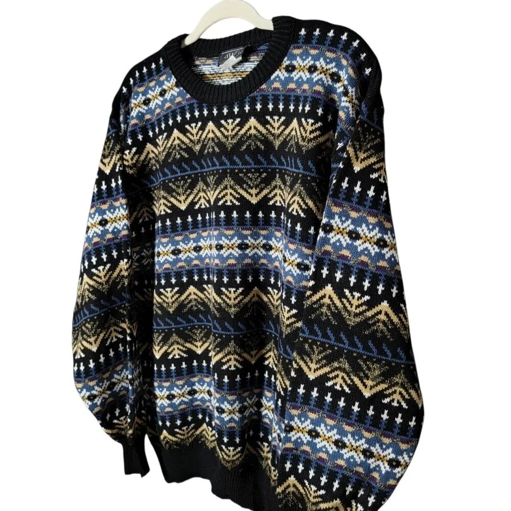 VTG Atlas Mens Blue Geometric Nordic Fair Isle Knit Crewneck Pullover Sweater XL