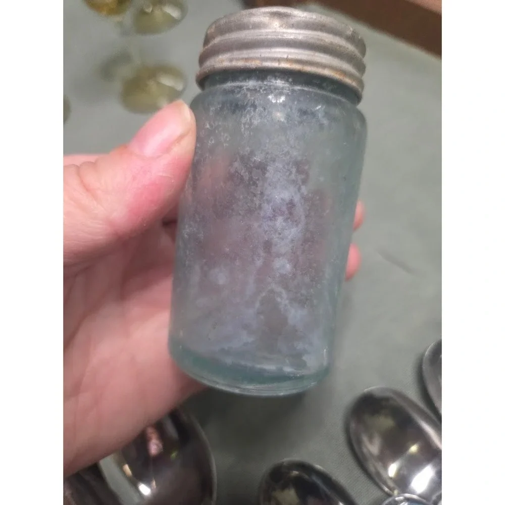 Vintage Aqua Blue Glass Jar with Metal Zinc Screw Lid Small Apothecary Bottle