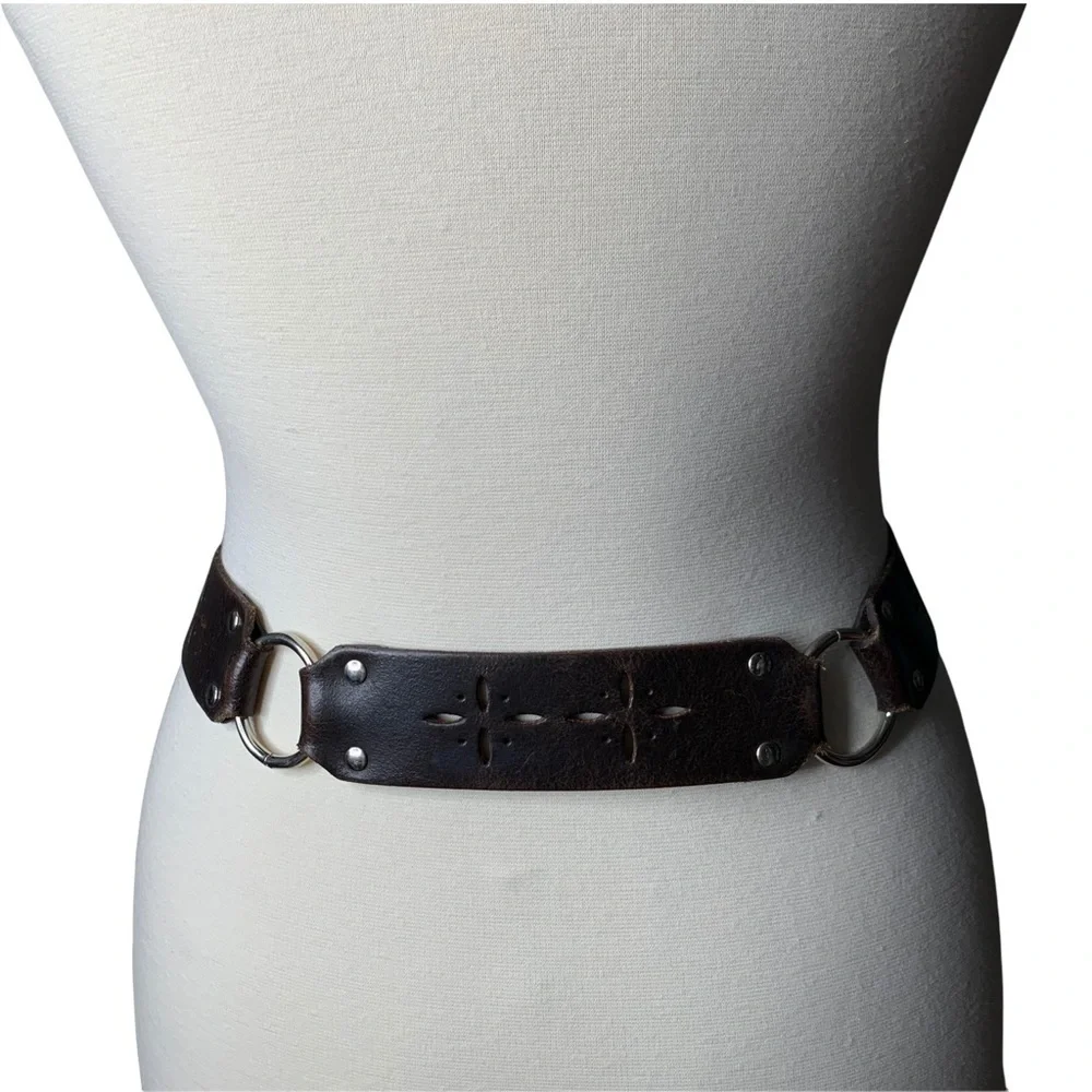Hipwear Dark Brown Distressed Belt Starburst Cut Outs & Silver Buckle & Rings