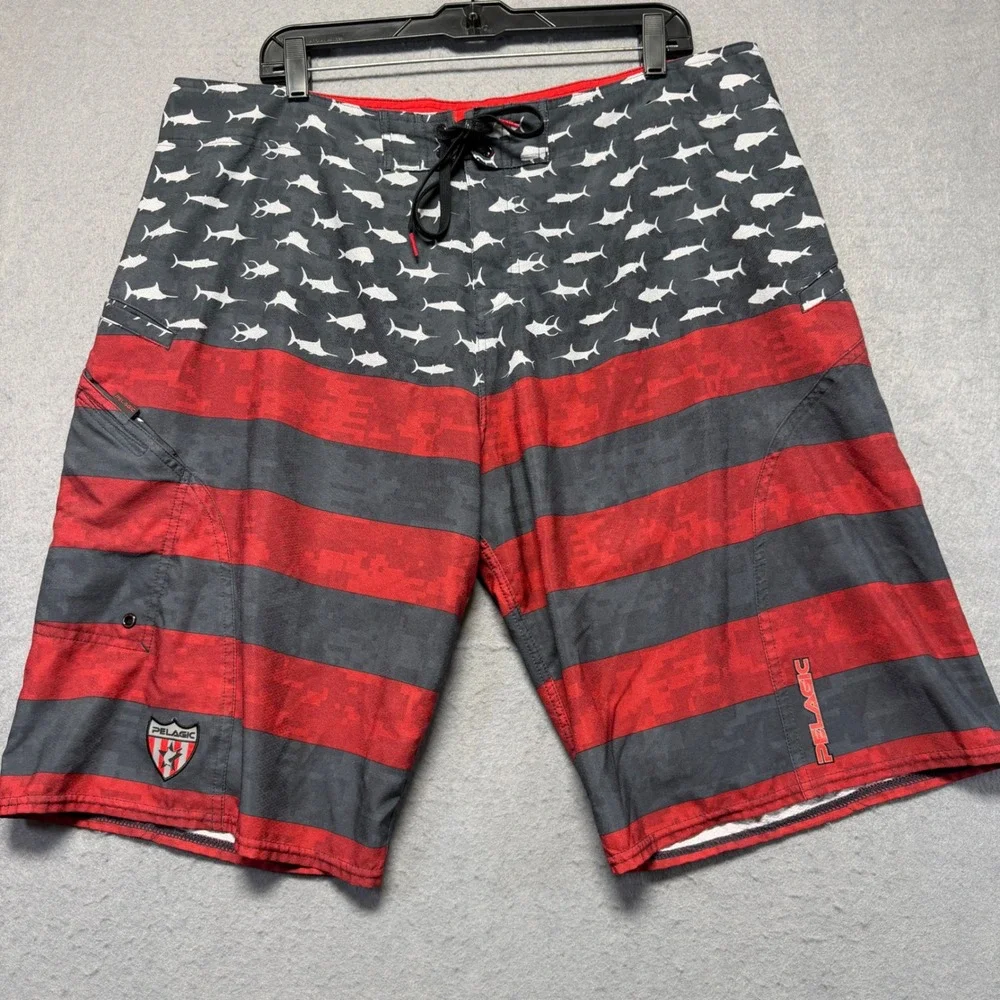 Pelagic Sharkskin Board Shorts Mens 40x12 Red Grey American Flag Fish Fishing
