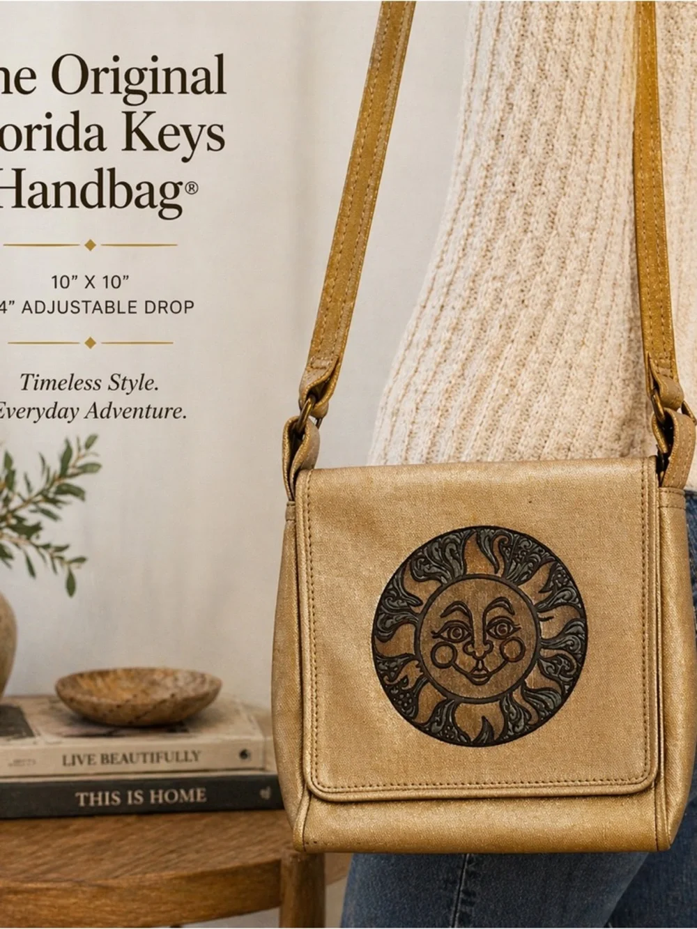 Metallic Gold Crossbody Bag with Sun Medallion