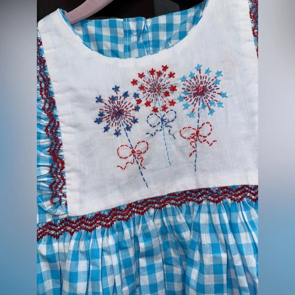 NWT fireworks dress embroidered smocked gingham avignon usa 4th of july toddler