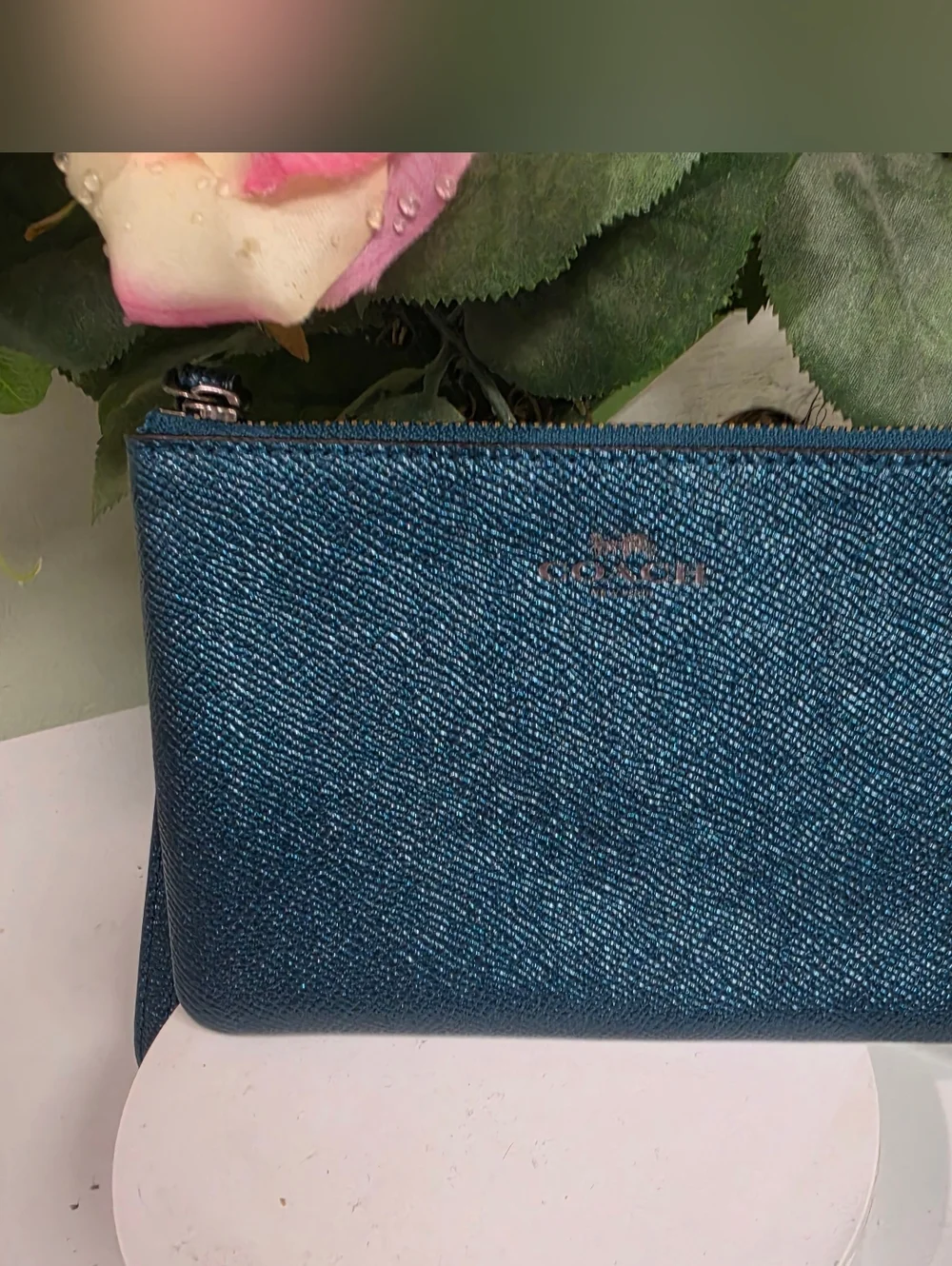 Coach Metallic Teal Zip Wristlet 6x4 New