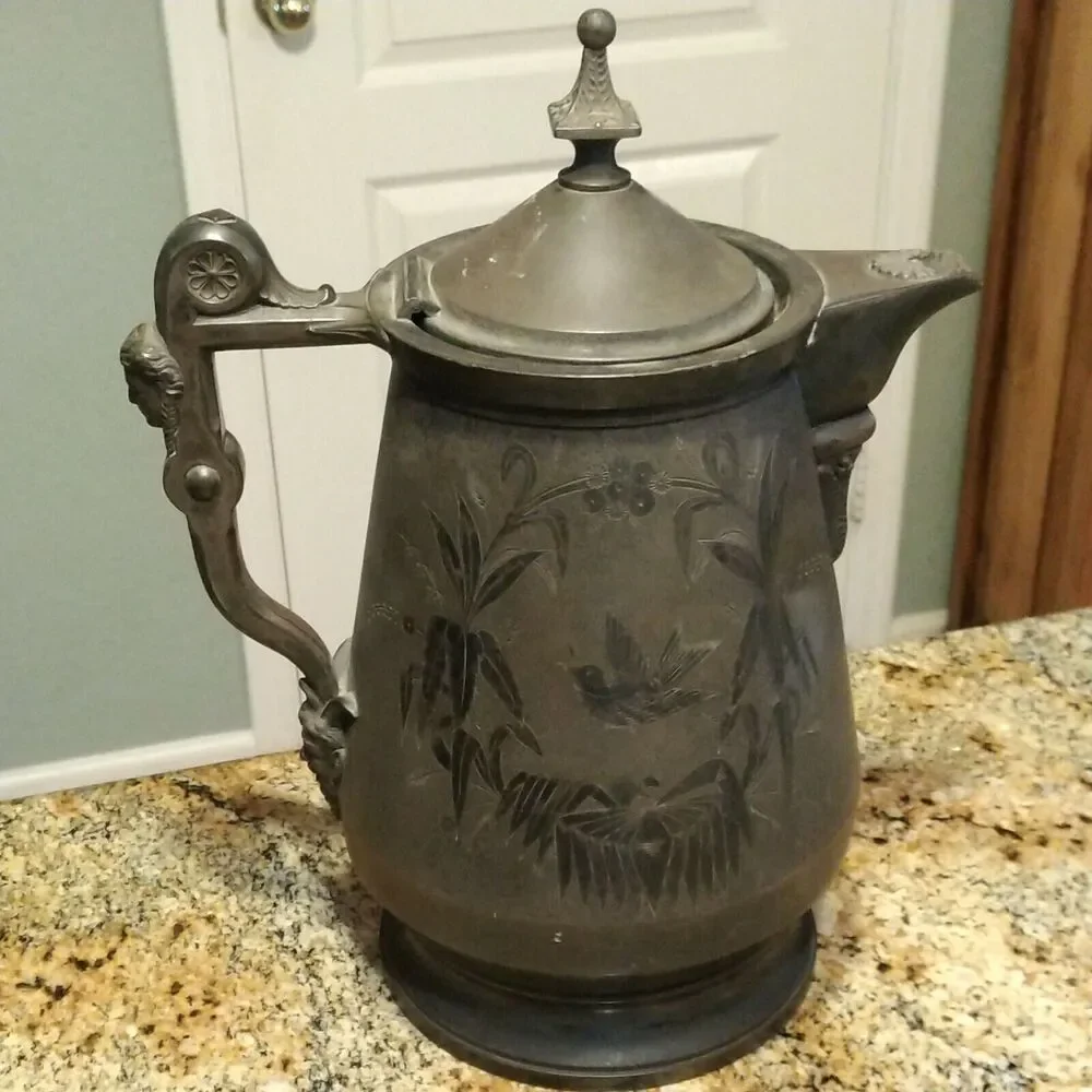 Meridian B Co Silver Plate Devil Pitcher Ceramic Liner 1868 Victorian 13.5