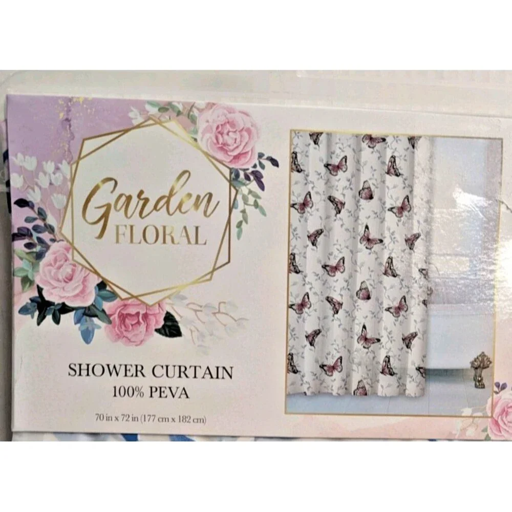 Garden Floral Butterfly Shower Curtain PEVA Opaque Blue Purple White Bath NEW