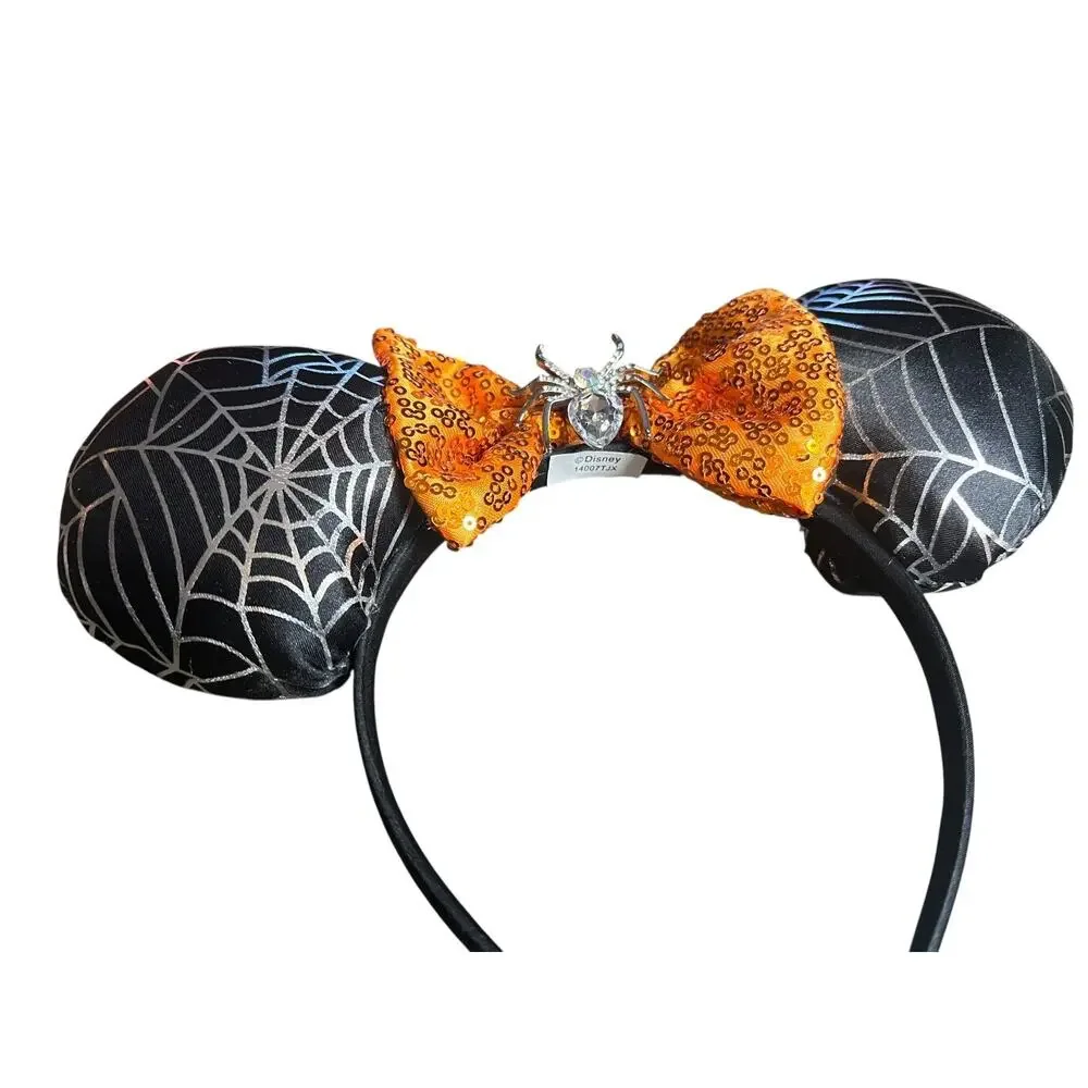 Disney Minnie Mouse Halloween Spiderweb Ears Orange Sequin Bow Spider 14007TJX