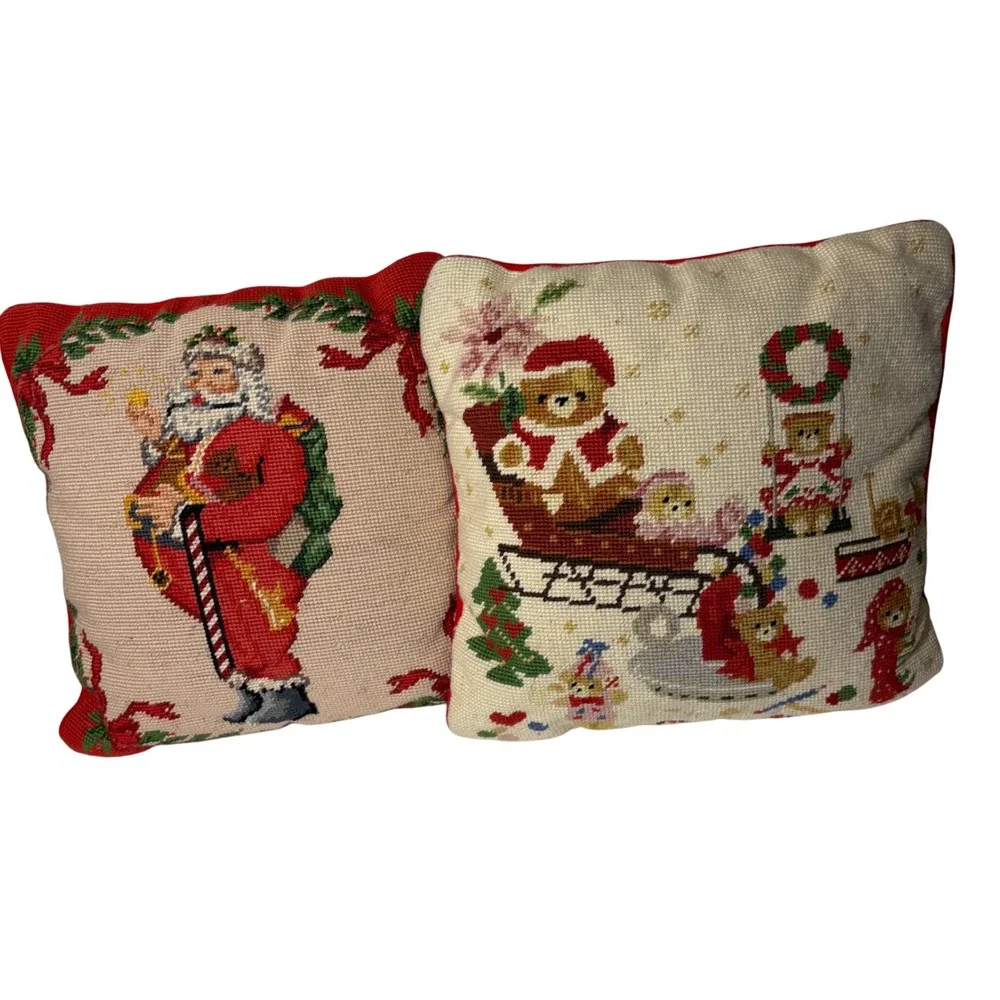 Imperial Elegance Handmade Wool Needlepoint Christmas Throw‎ Pillows 13 X 13