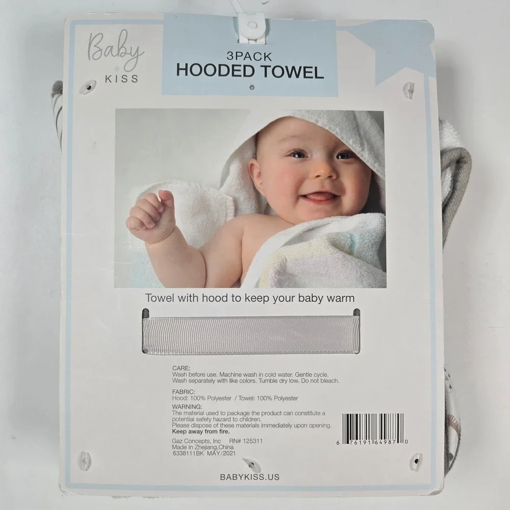 Baby Kiss Hooded Towel Unisex Gray 3 Pack Safari Elephant Chillin Bath Set Gift