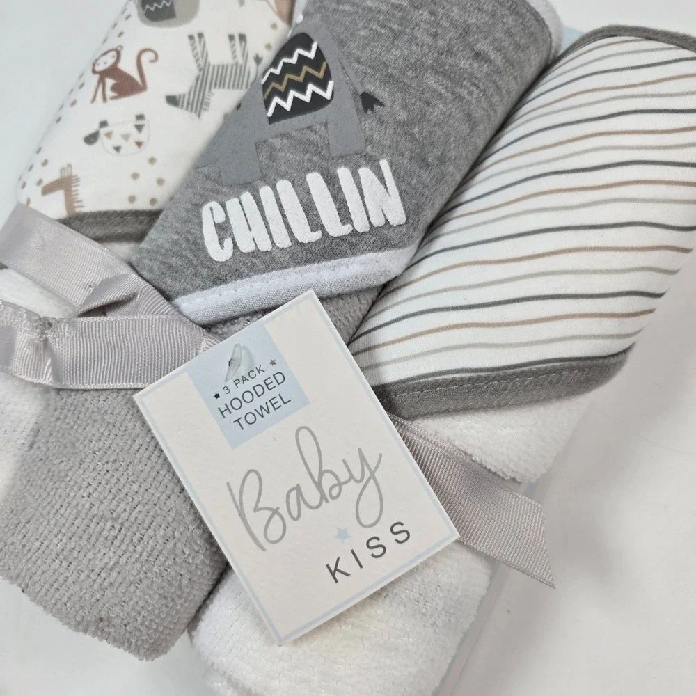 Baby Kiss Hooded Towel Unisex Gray 3 Pack Safari Elephant Chillin Bath Set Gift