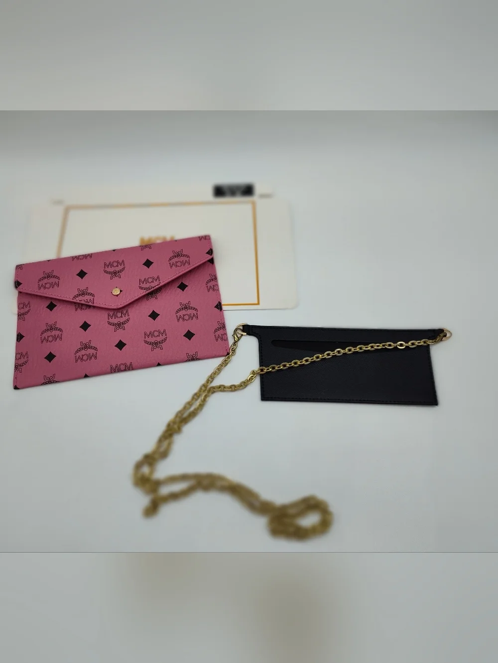 MCM Pink Visetos Envelope Chain Wallet Crossbody Clutch Beauté NIP With Insert