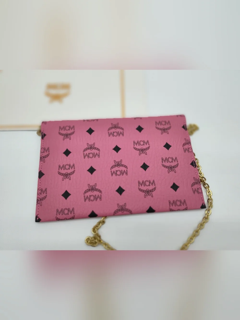MCM Pink Visetos Envelope Chain Wallet Crossbody Clutch Beauté NIP With Insert