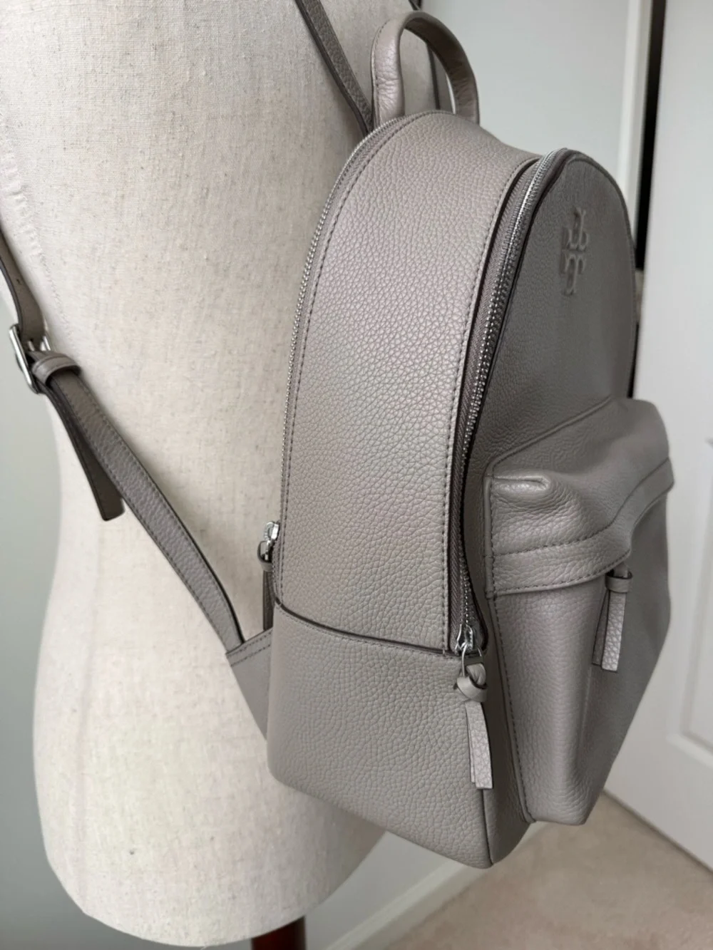 Tory Burch Taupe Gray Pebbled Leather Backpack