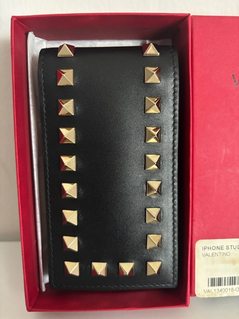Valentino Garavani Black Leather Stud Phone Case with Gold Pyramid Studs