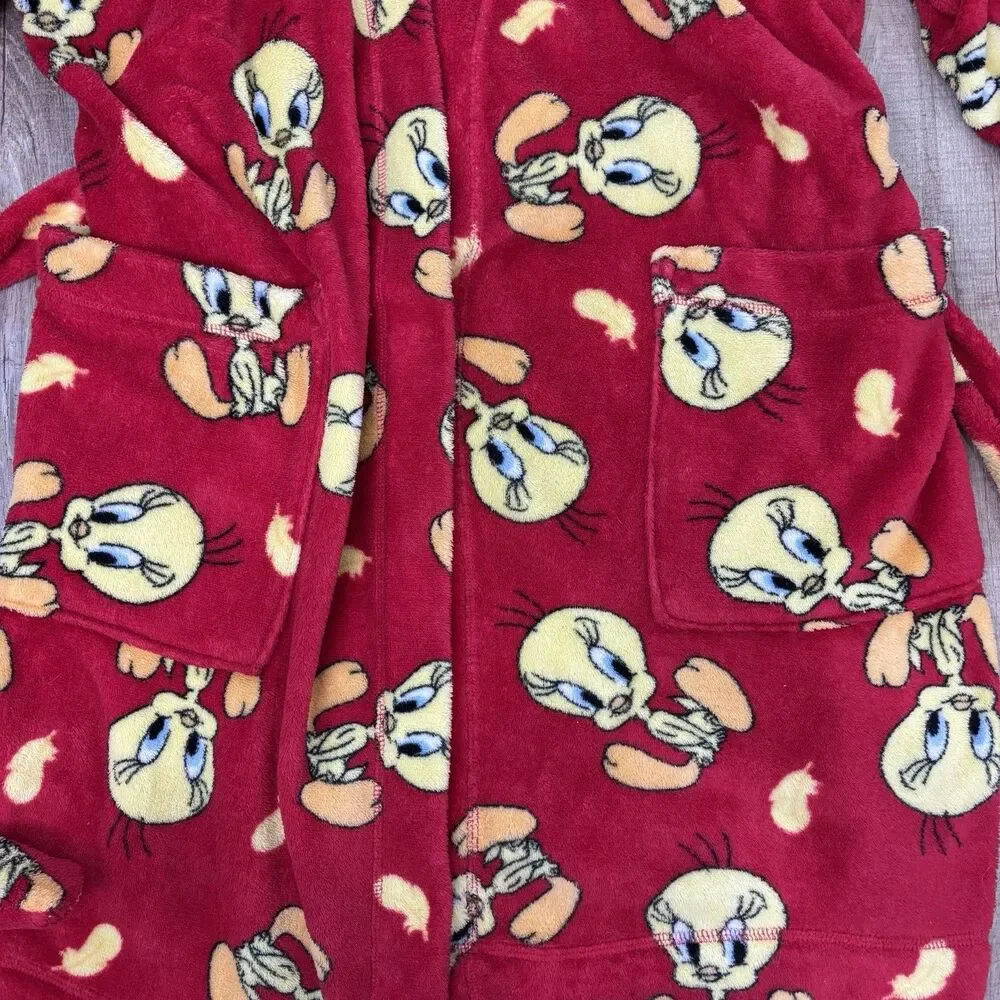 Vintage Tweety Bird Robe Red Soft Fluffy Size L Looney Tunes Novelty Cozy Y2K