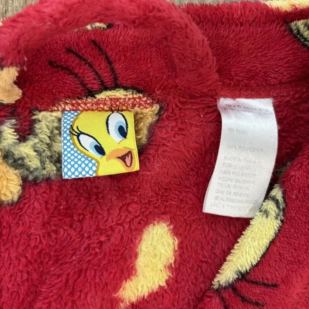 Vintage Tweety Bird Robe Red Soft Fluffy Size L Looney Tunes Novelty Cozy Y2K