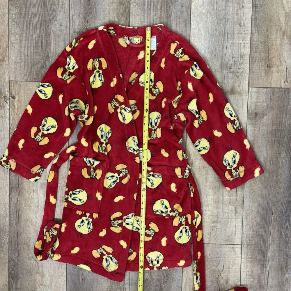 Vintage Tweety Bird Robe Red Soft Fluffy Size L Looney Tunes Novelty Cozy Y2K