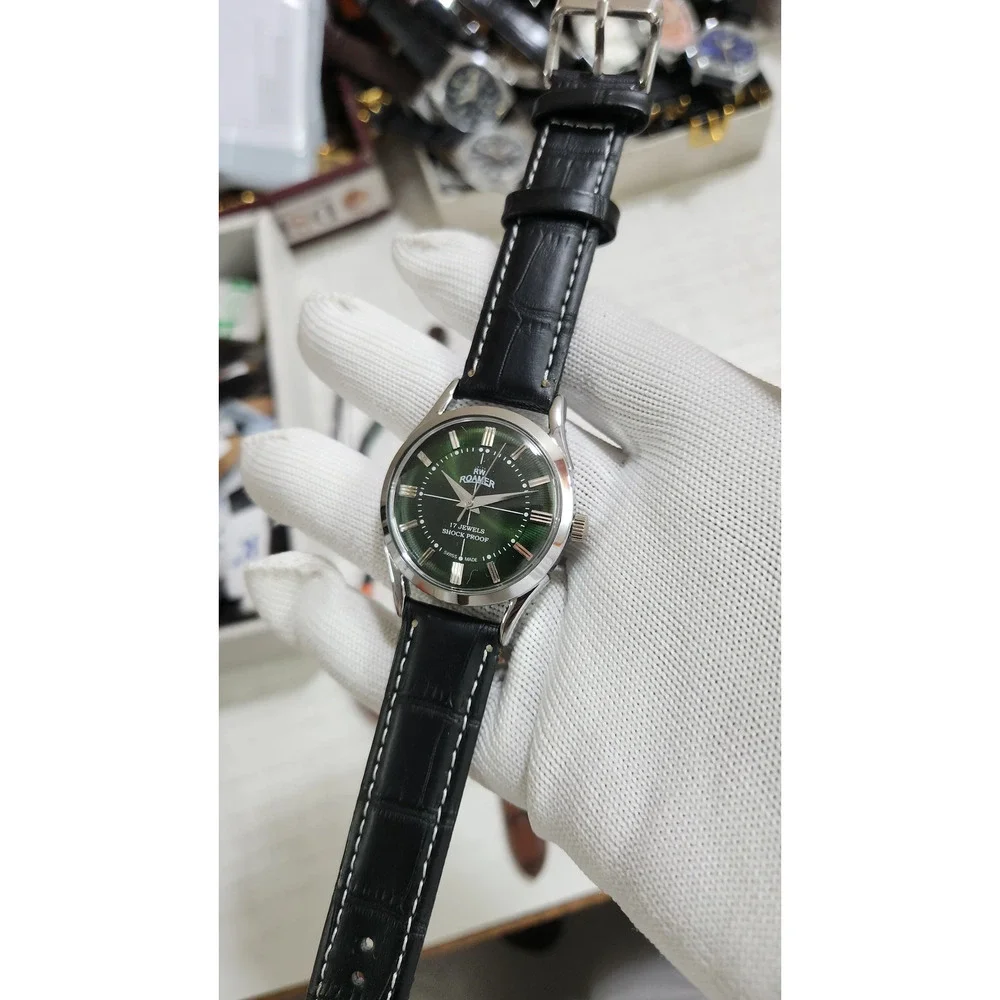 Vintage 1975 Roamer Manual Mens Silver Watch W/Leather Strap & Green accents