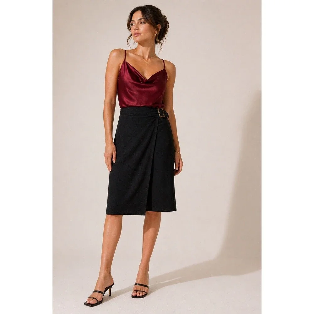 Max Studio Norstrom Women Black Wrap Skirt L Tortoiseshell Buckle Midi Rayon