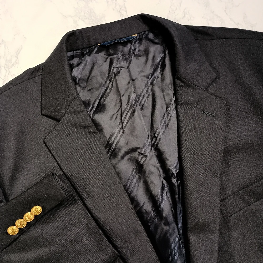 Brooks Brothers Madison Fit Black 100% Wool Blazer 48L‎ Gold Buttons Italy