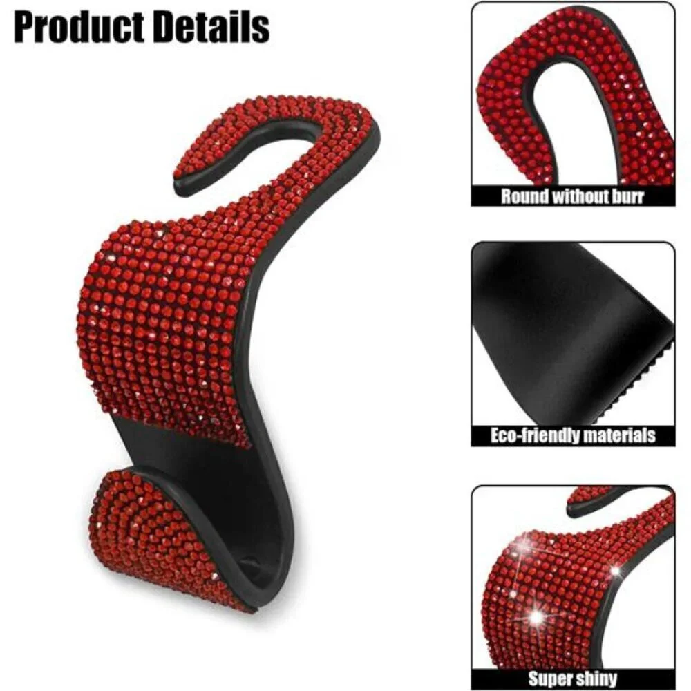Bling Car Seat Hooks Red (2 Pack) Bling Rhinestones Crystal Hanger Organizer