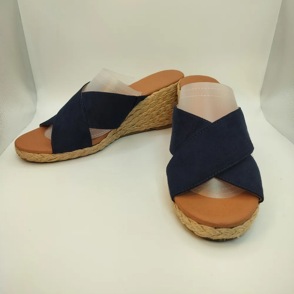Tommy Bahama‎ Stacey Navy Espadrille Wedge Sandals Cross Strap Womens Sz 8.5