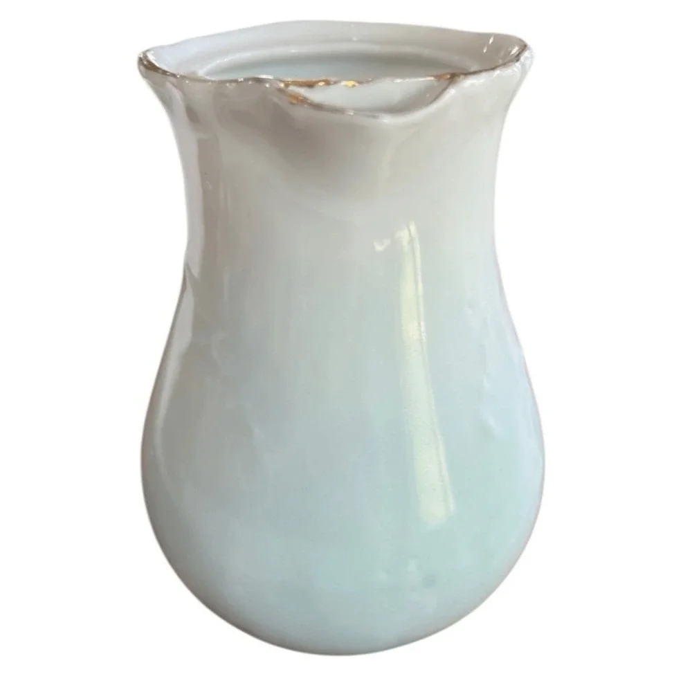 Vintage Ceramic Creamer Pitcher Blue White Ombre Gold Trim Mini Vase Cottage
