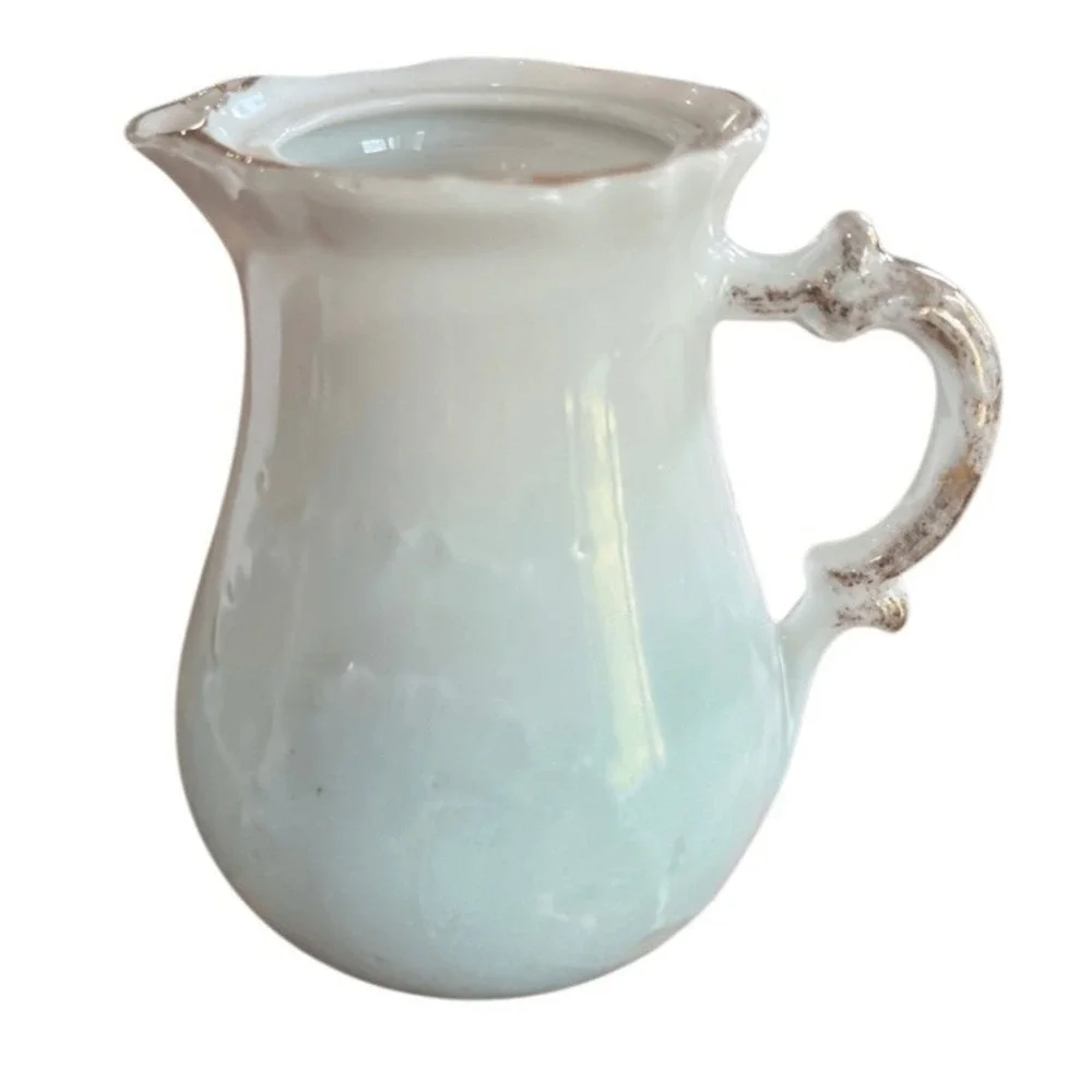 Vintage Ceramic Creamer Pitcher Blue White Ombre Gold Trim Mini Vase Cottage