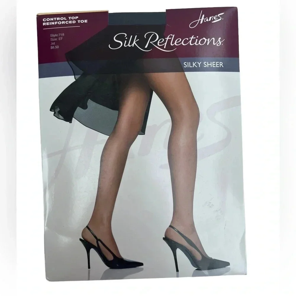 Hanes Silk Reflections Size EF Silky Sheer Control Top Pantyhose Jet Black New​​