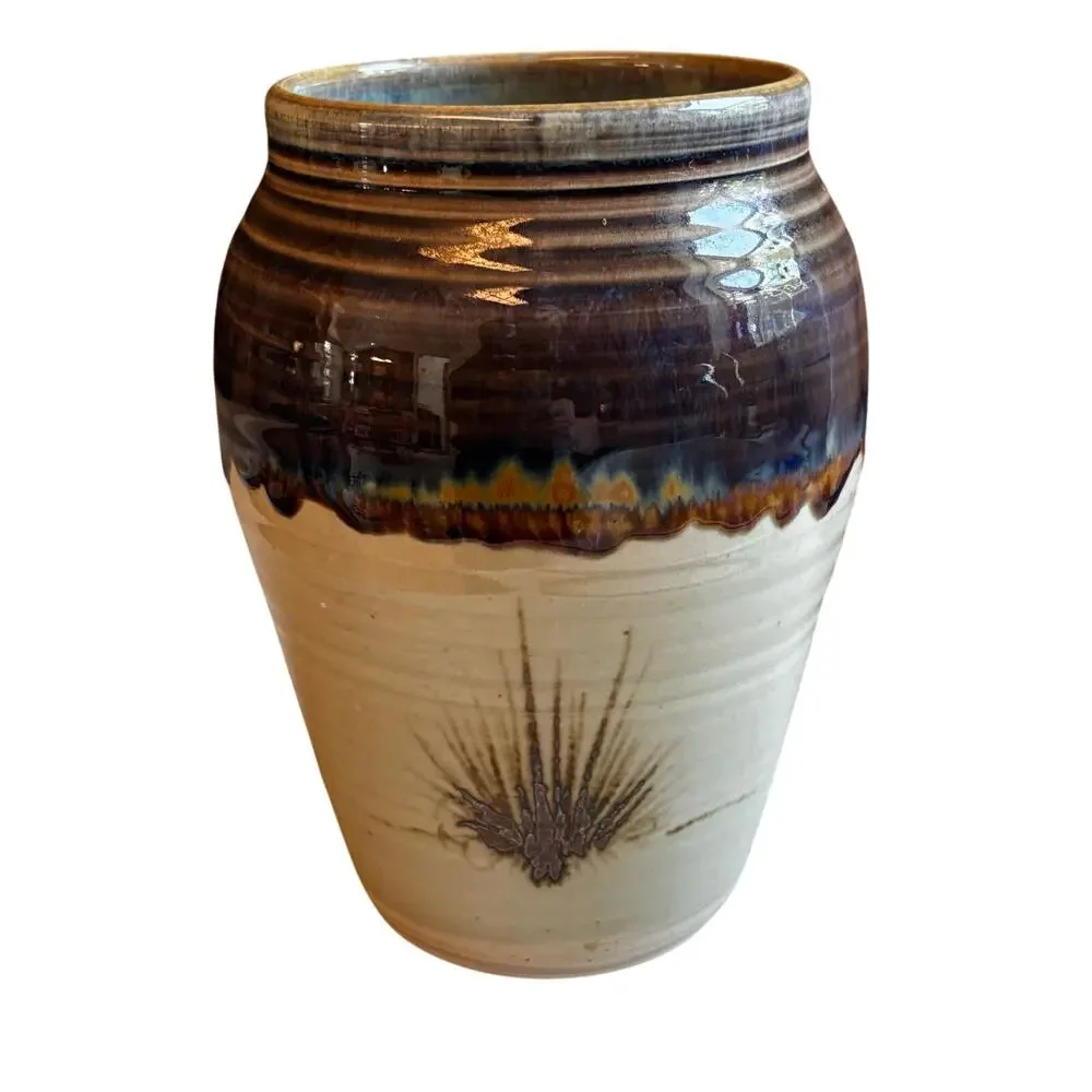 Vintage signed studio pottery vase stoneware blue drip glaze country farmhouse