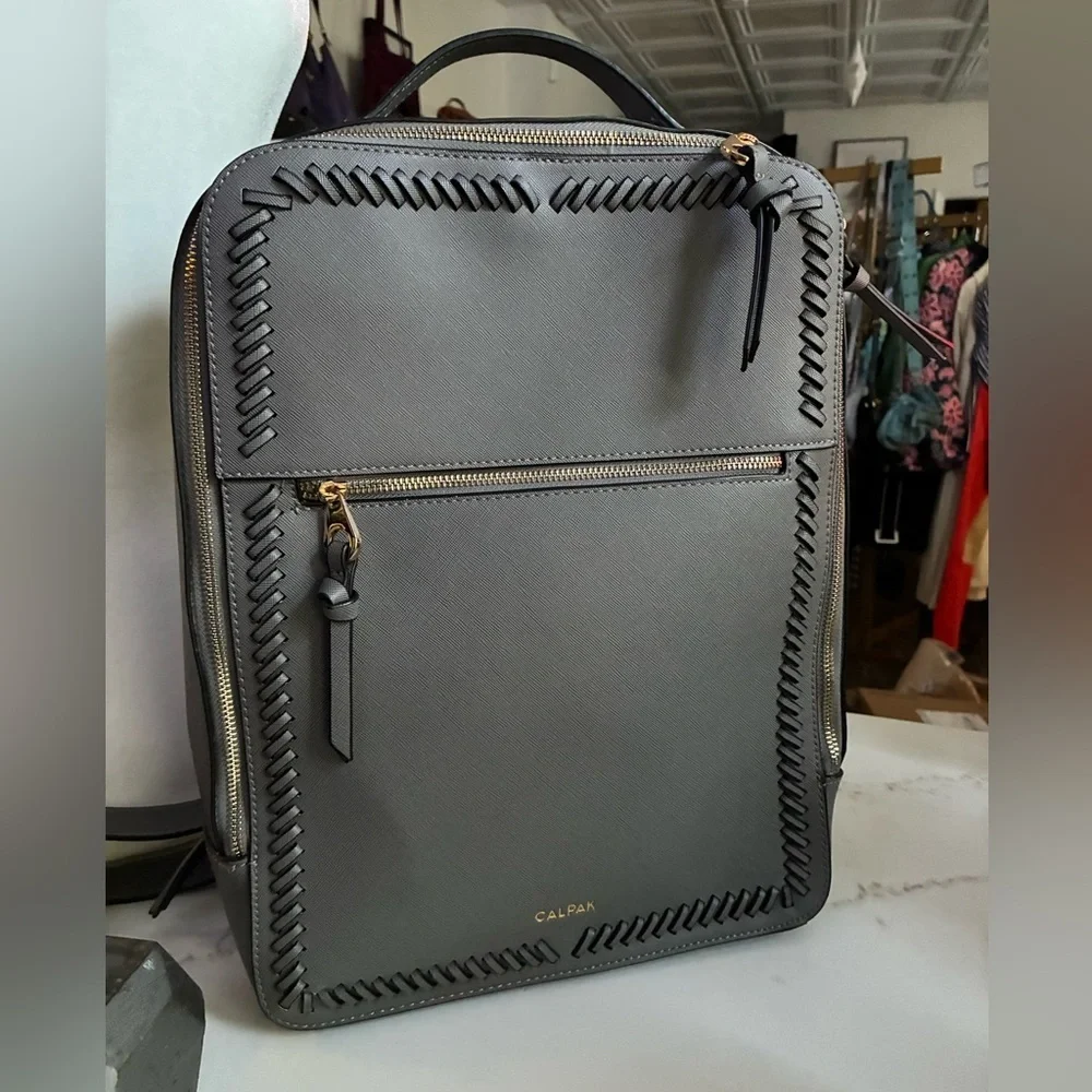 Calpak Womens Kaya Dark Gray Faux Leather Adjustable Strap Laptop Backpack