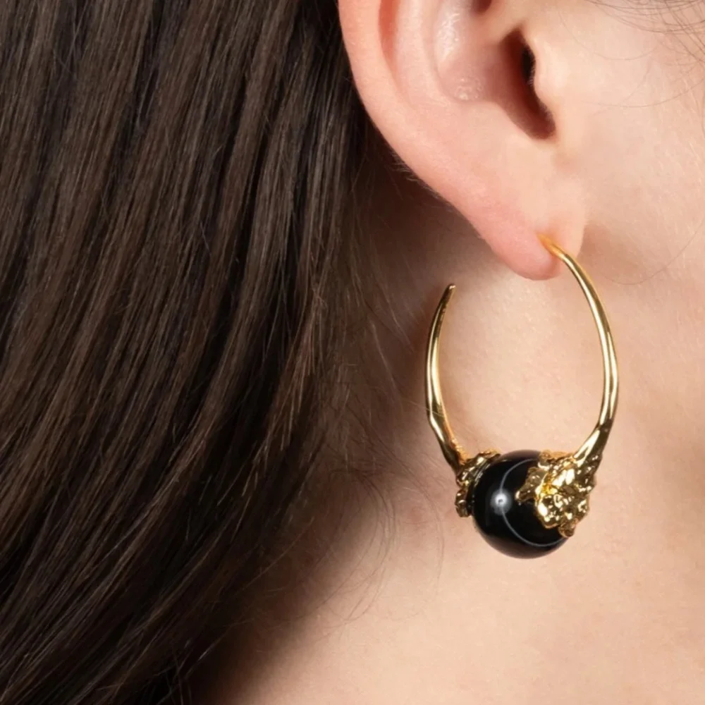 ALEXIS BITTAR • Brut Gold Capped Black Agate Hoop Earrings