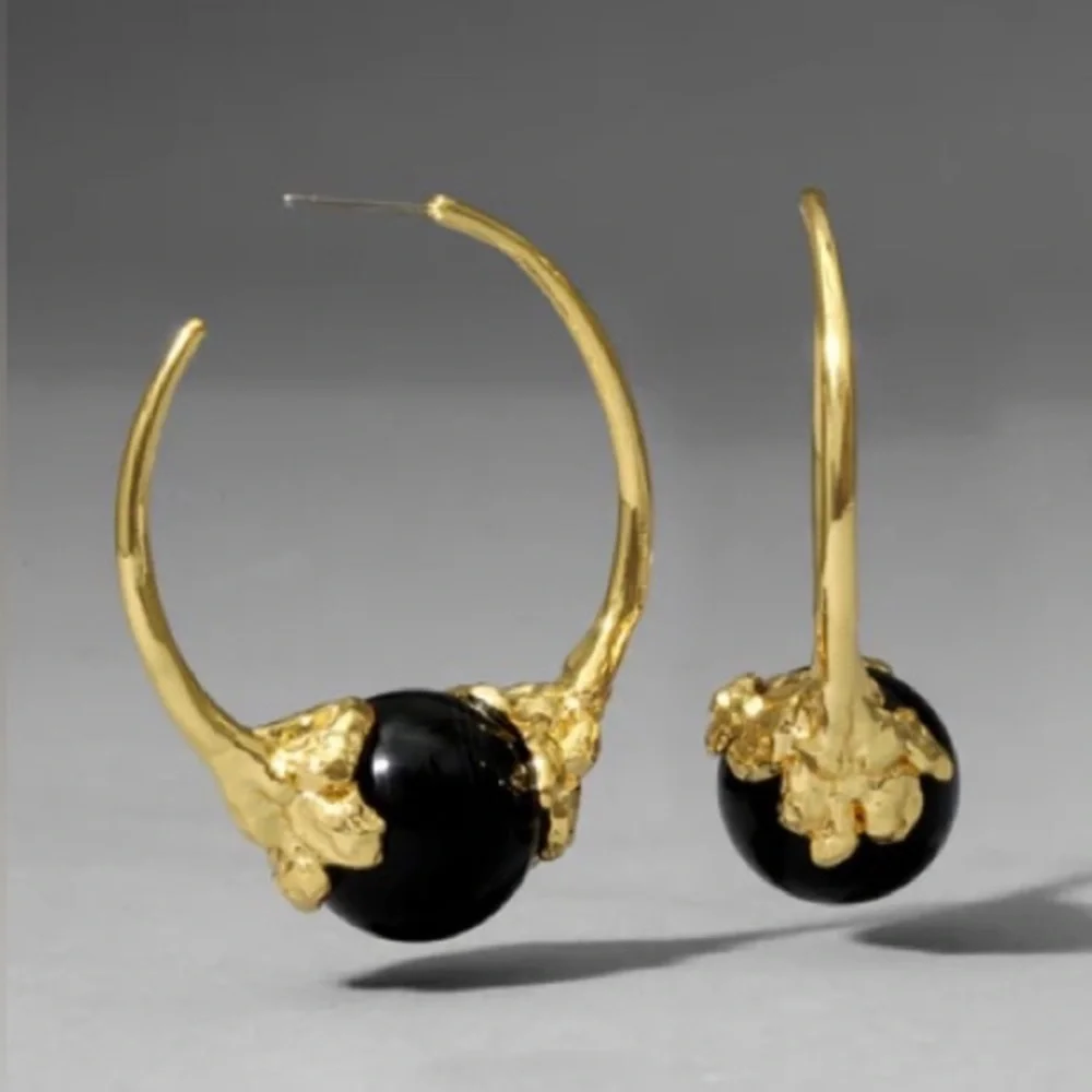ALEXIS BITTAR • Brut Gold Capped Black Agate Hoop Earrings