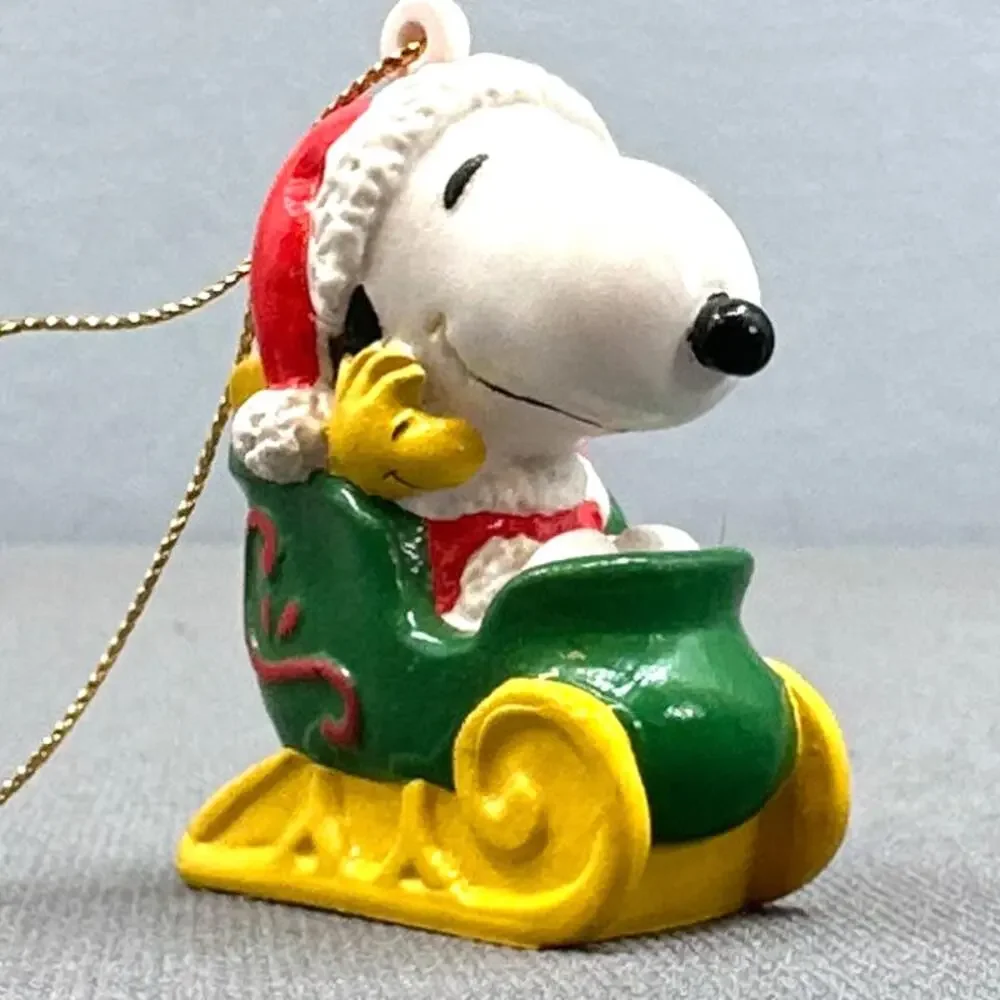 VTG Snoopy Woodstock Christmas Ornament Sleigh Santa Hat Peanuts Holiday Retro