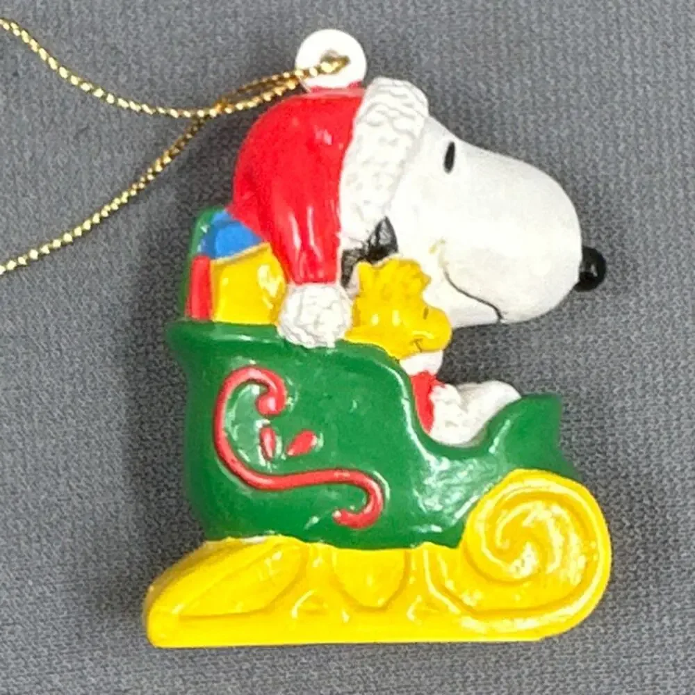 VTG Snoopy Woodstock Christmas Ornament Sleigh Santa Hat Peanuts Holiday Retro