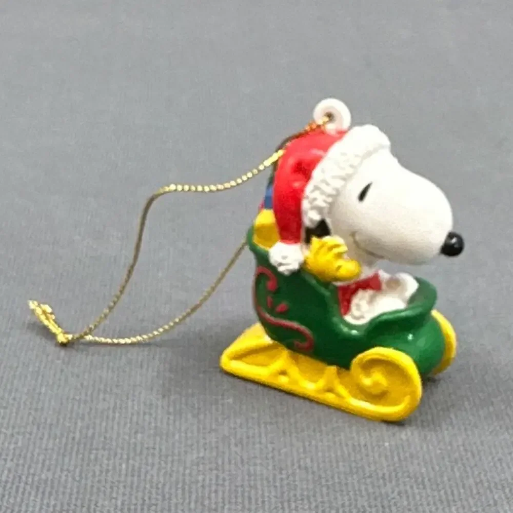 VTG Snoopy Woodstock Christmas Ornament Sleigh Santa Hat Peanuts Holiday Retro