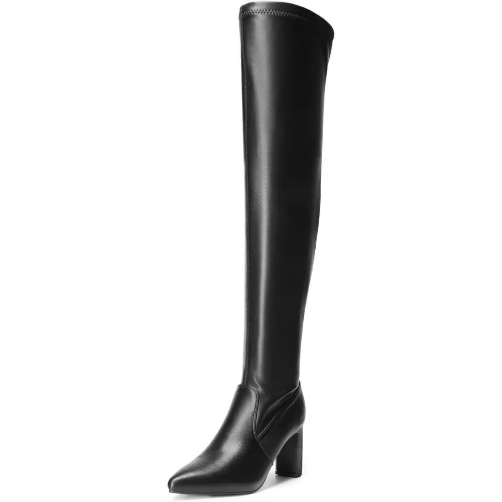 Women's Black Suede Over The Knee Thigh High Chunky High Heels Pointed Toe Boots