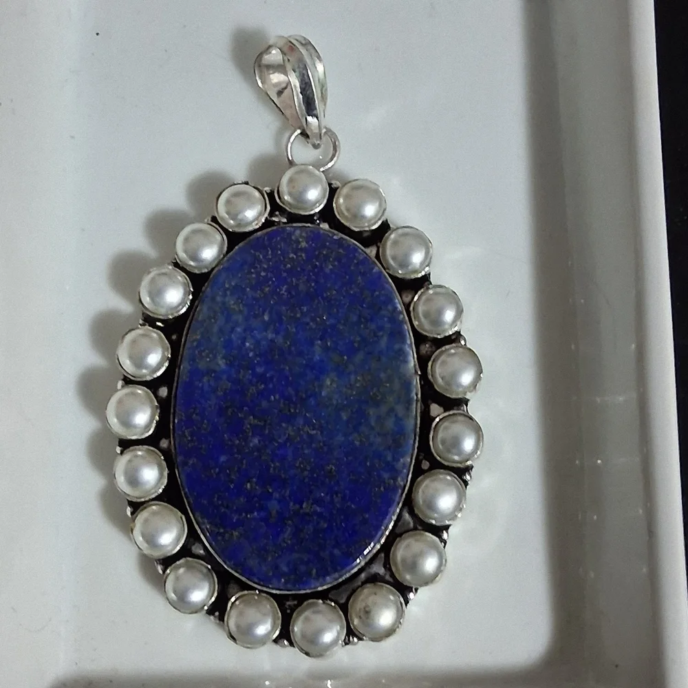 BLUE LAPIS AND PEARL STATEMENT PENDANT SILVER PLATED