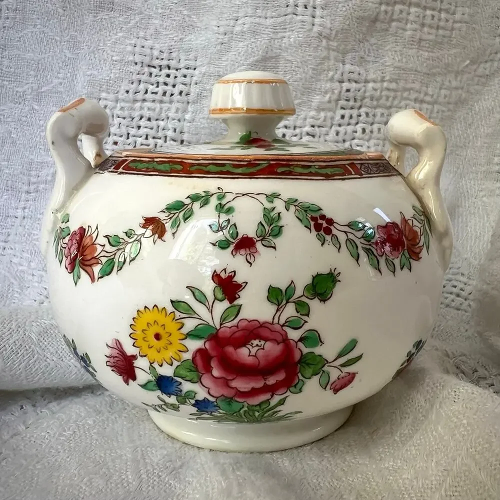 Antique Spode Copeland England Floral Sugar Bowl Porcelain Lidded Dish