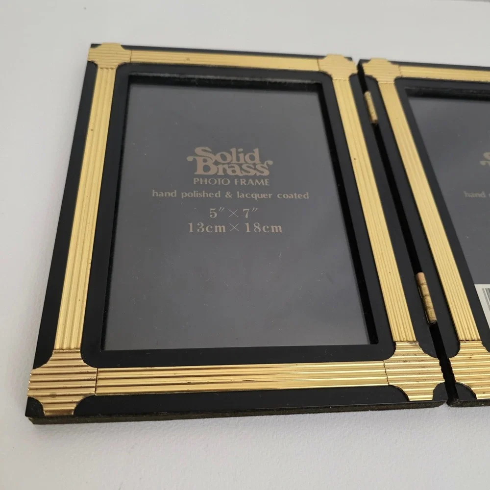 Solid Brass Double Photo Frame Black Gold Finish 5x7‎ Lacquer Coated Art Deco