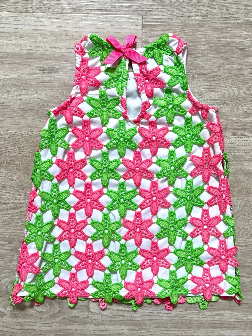 Mud Pie Crochet Dress Baby Girl 12-18M Pink Green Floral Lace Sleeveless Summer