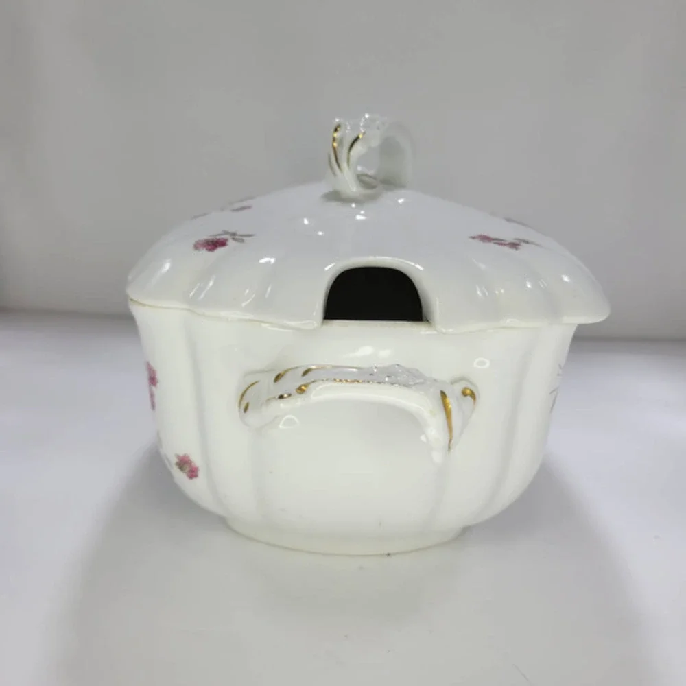 Antique A.K. Carlsbad Austria Tureen & Lid with Purple Flowers 1800s