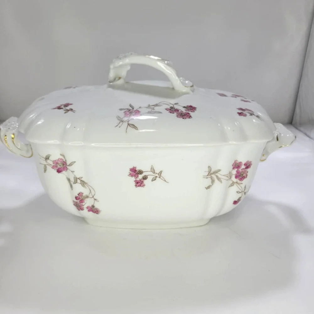 Antique A.K. Carlsbad Austria Tureen & Lid with Purple Flowers 1800s