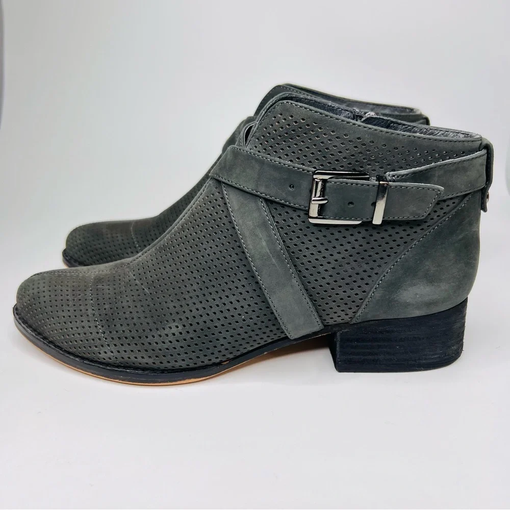 Vince Camuto Casha Gray Perforated Suede Side Zip Buckled Accent Ankle Boot