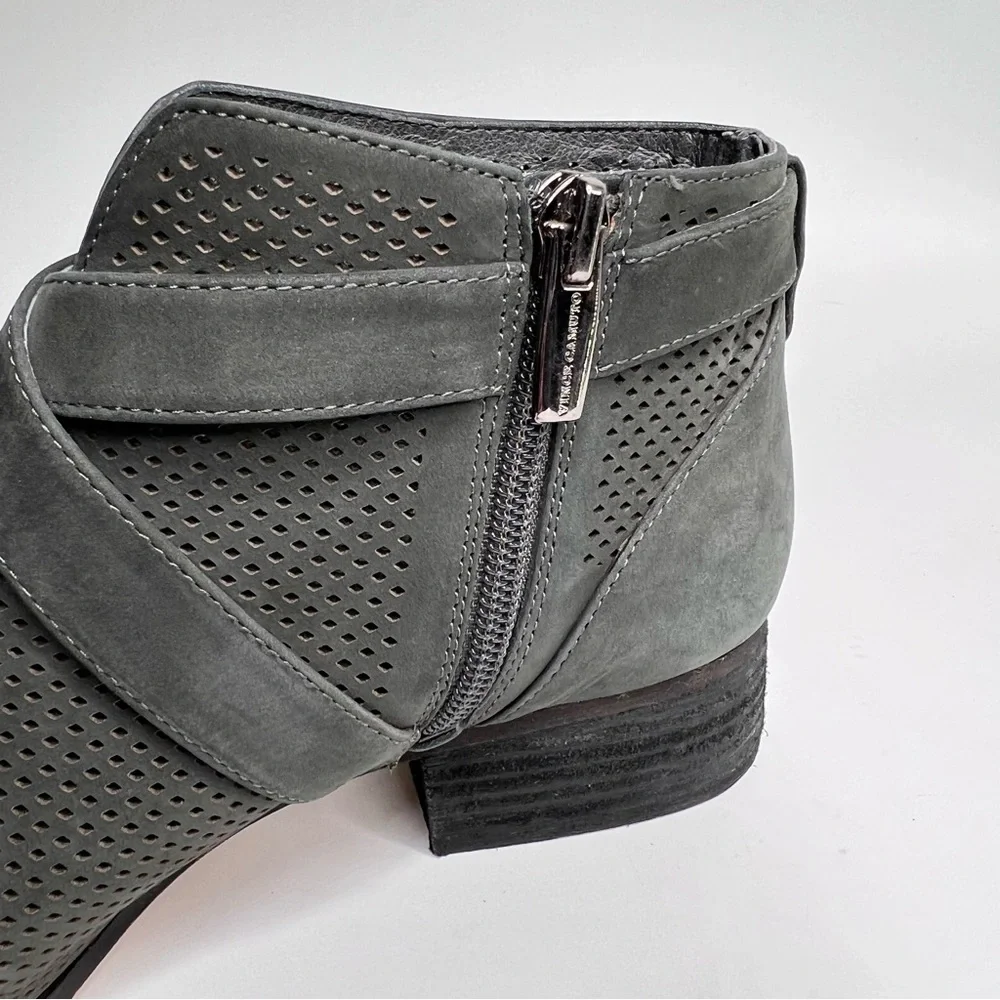 Vince Camuto Casha Gray Perforated Suede Side Zip Buckled Accent Ankle Boot