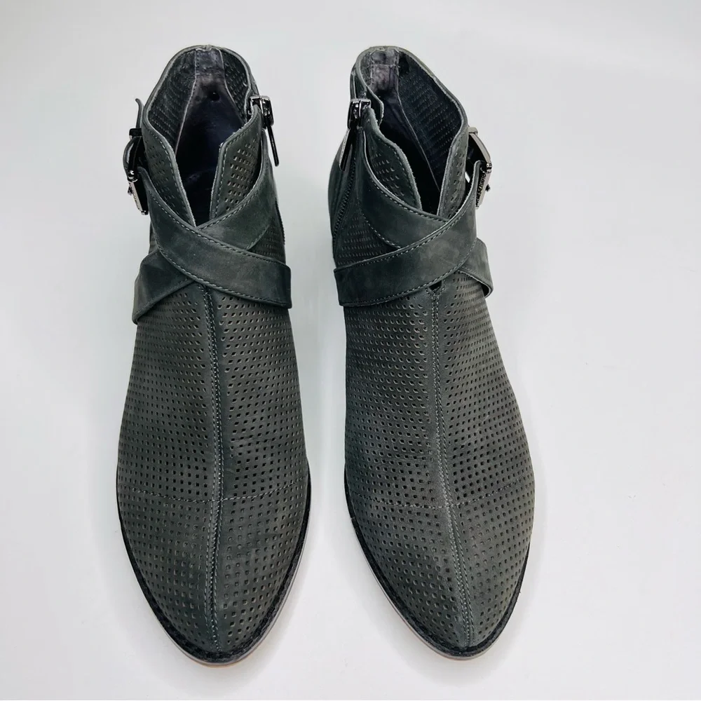 Vince Camuto Casha Gray Perforated Suede Side Zip Buckled Accent Ankle Boot