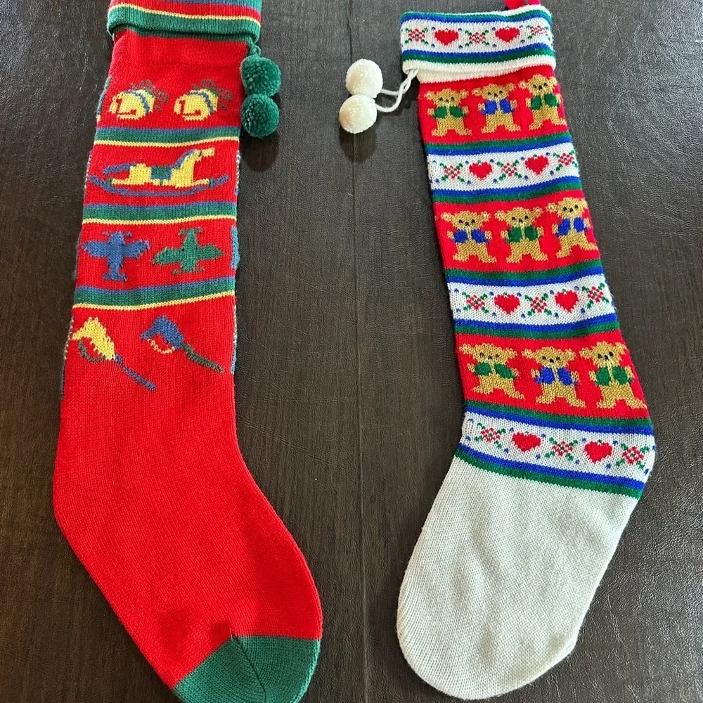 Festive VTG Knit Christmas Stockings - Teddy Bears and Rocking Horses.