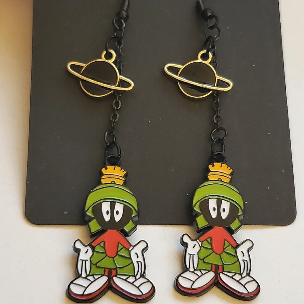 Handmade Marvin the Martian Planet Chain Dangle Earrings