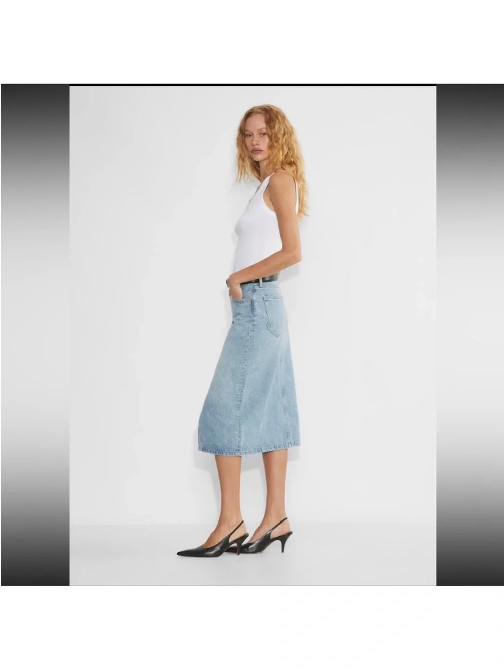 Denim Forum 90s Halle Denim Skirt Midi 28 Blue Jean Midi Center Front Slit
