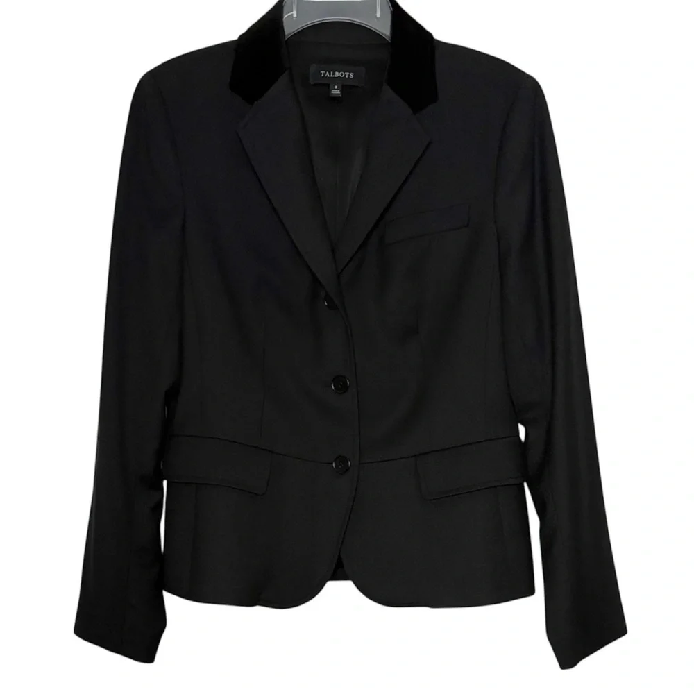 Talbots Blazer Wool Blend Jacket Velvet Collar Tailored Classic Black Size 8